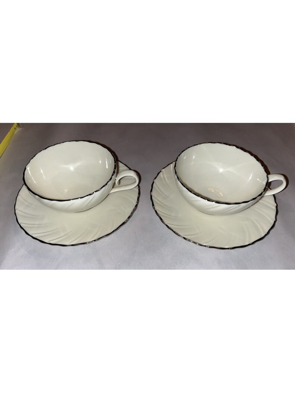 Set of 2 Lenox Weatherly Tea Cup and Saucer with Silver Rim